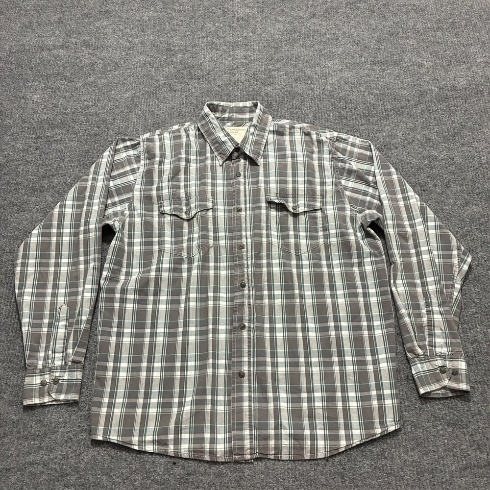 Wranger Jeans Co.‎ Mens Button Up Shirt Size Large Gray Plaid Cotton Long Seeve